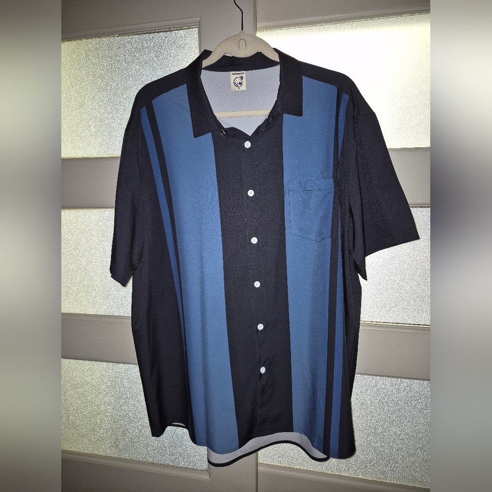 Blue and Black Casual Button Down Bowling Shirt